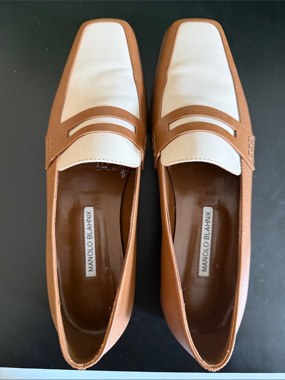 Manolo Blahnik Tan and White Leather Penny Loafers - Women’s